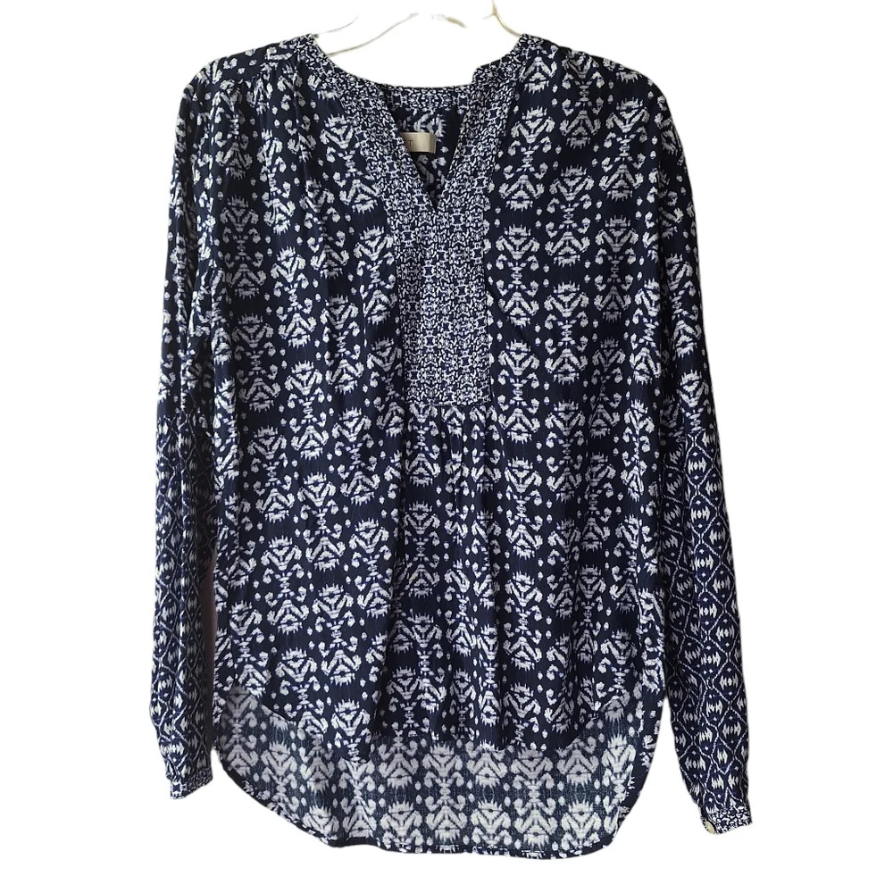LOFT XS Blue White Long Sleeve V-Neck Long Sleeve Pullover Top